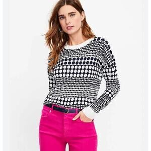 LOFT Heart Dot Sweater Large Long Sleeve Whisper White Dark Blue Crew Neck NEW